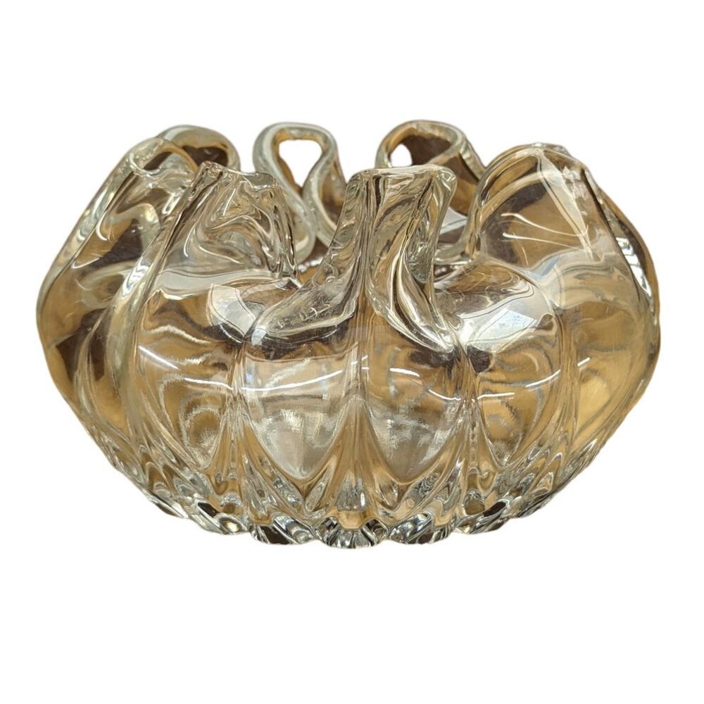 Retro Pleated Ruffled Art Glass Dish Vase Clear Collector Unique Vintage Whimsy